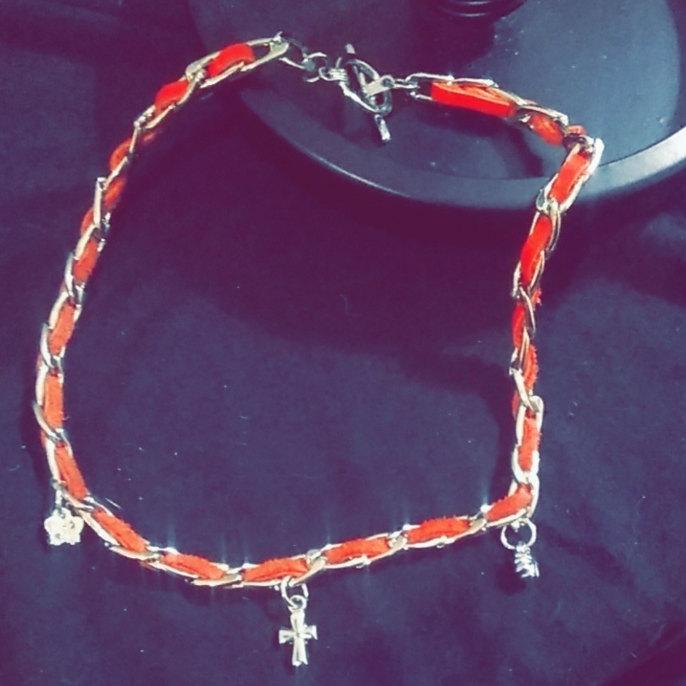 Women's Woven Red Leather & Silver Choker Necklace with Cross Pendants